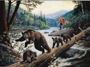 [bears on log crossing, meeting porcupine]